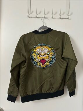 Bibisama Olive Green Embroidered Bomber Jacket with Tiger